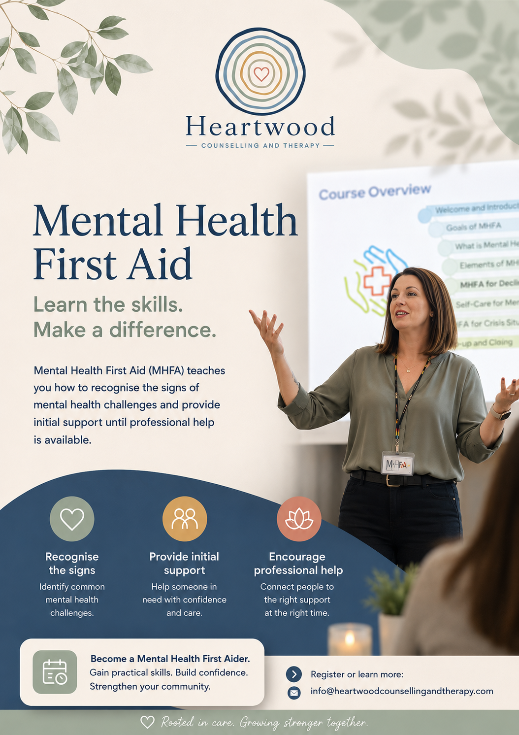 A promotional poster for a Mental Health First Aid course at Heartwood Counseling and Therapy. The poster features a woman giving a presentation, with a course overview on a screen behind her. It emphasizes recognizing signs of mental health challenges, providing initial support, and encouraging professional help. The poster includes the Heartwood logo, and contact information at the bottom.