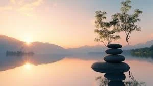 A stack of smooth black stones balanced on a small stand by the water, with a tree and mountains in the background during sunset.