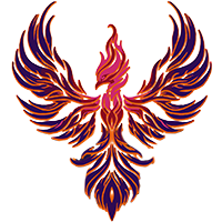 Stylized phoenix with fiery orange and purple flames, wings spread wide.