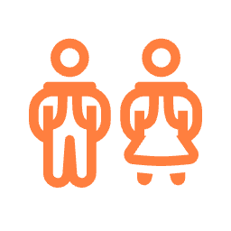 Orange icon of two figures wearing a backpack.