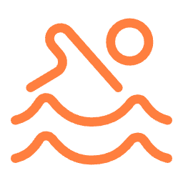 A stylized orange line drawing of a swimmer in water.