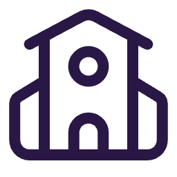 Simple line drawing of a house with a circular window and a door.