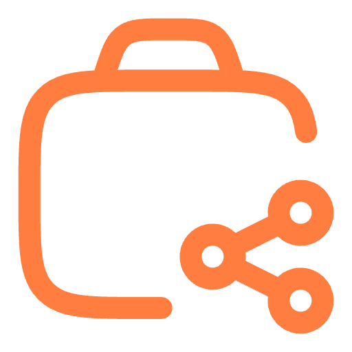 Outline of a suitcase with a share icon in orange.