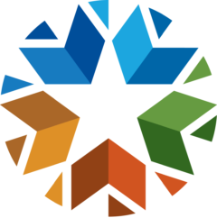 Oklahoma logo of a star with blue, green, orange, and yellow bars.
