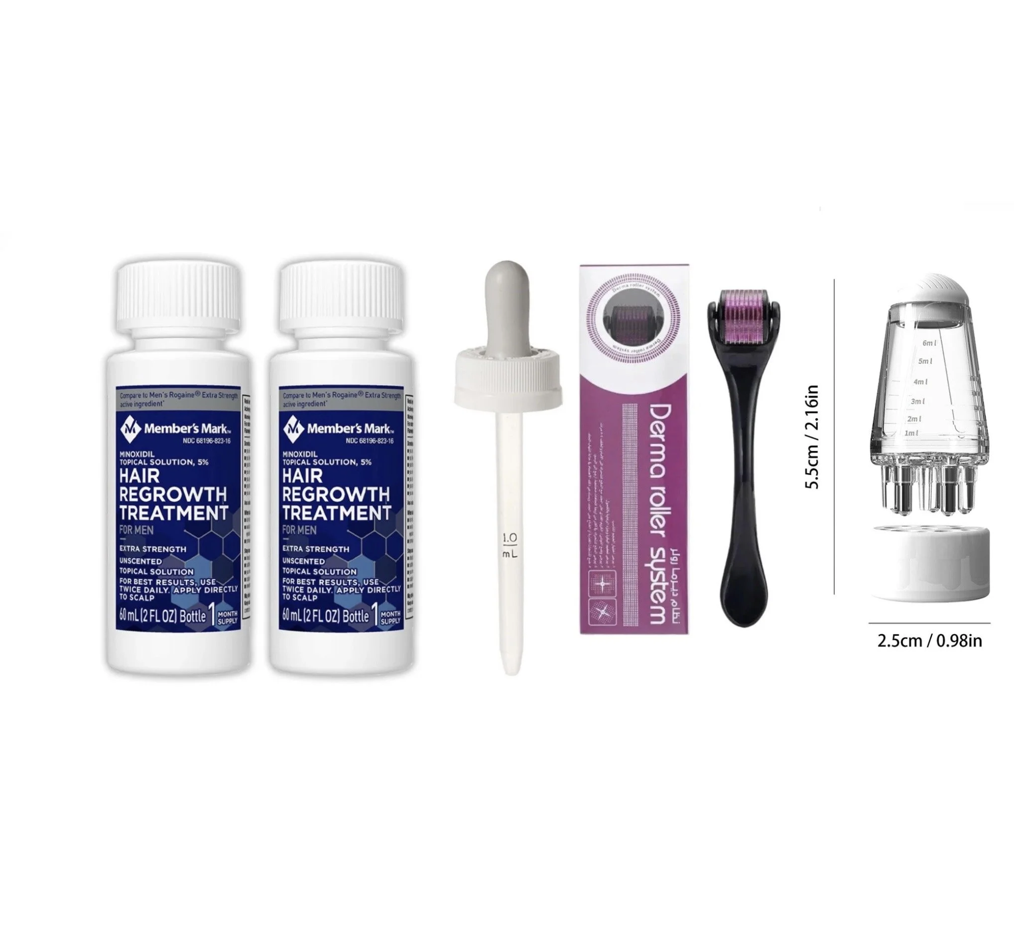 MEMBERS MARK 5% MINOXIDIL SOLUTION - 2 MONTH SUPPLY WITH DERMA ROLLER & SCALP LIQUID APPLICATOR