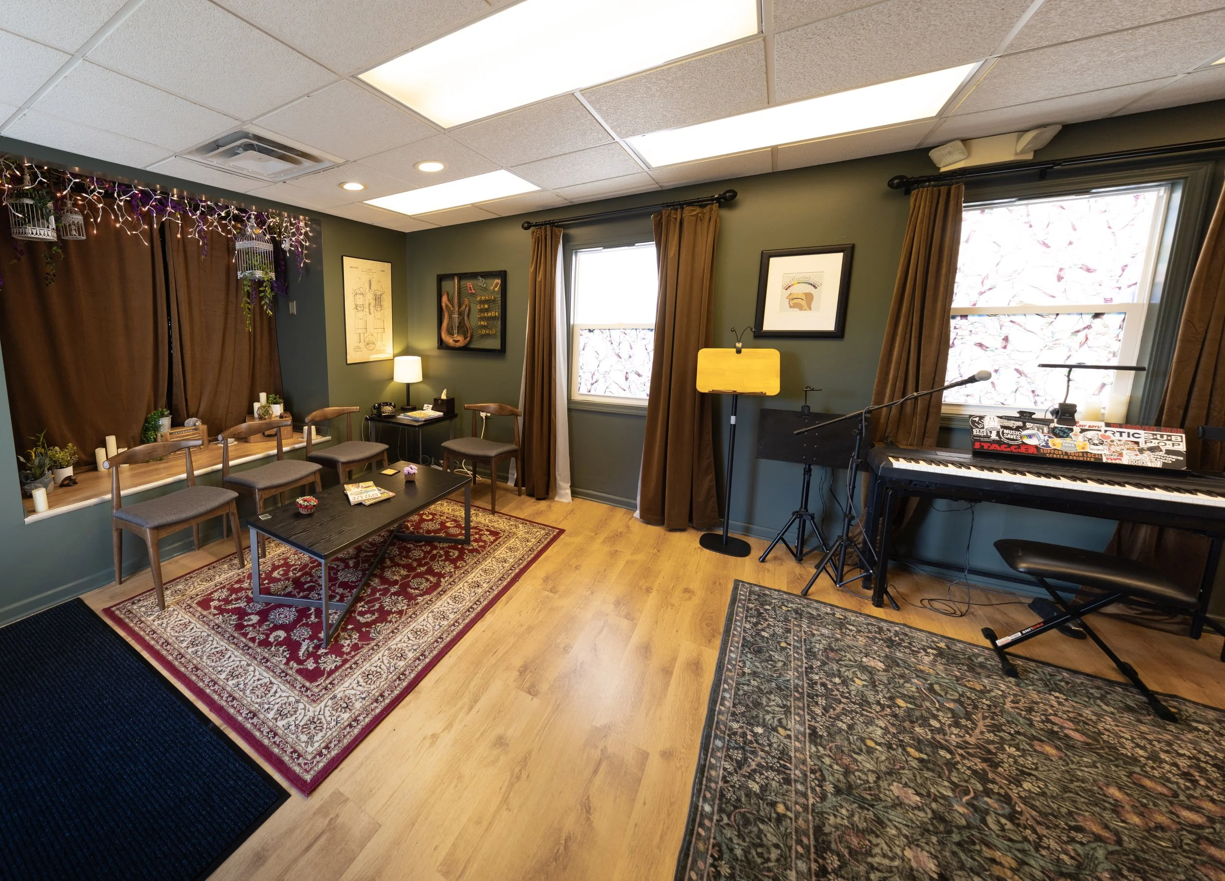 A cozy music room with green walls and wooden flooring, featuring a grand piano with stickers, framed artwork, a microphone, chairs, a red patterned rug, and decor including birdcages, candles, and plants.