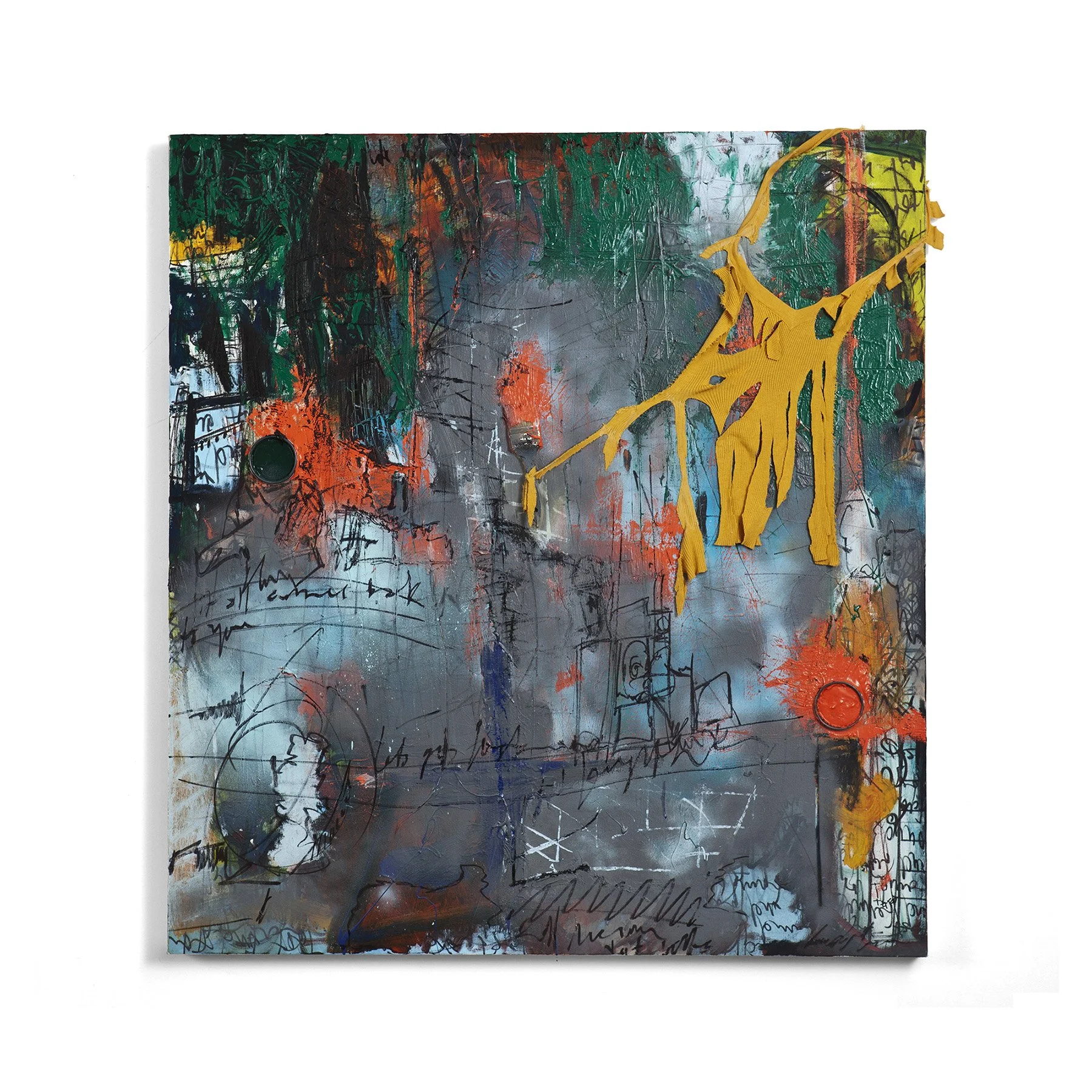 Plunge, 2012. Spray paint, enamel and shirt on canvas, 46 x 46 in