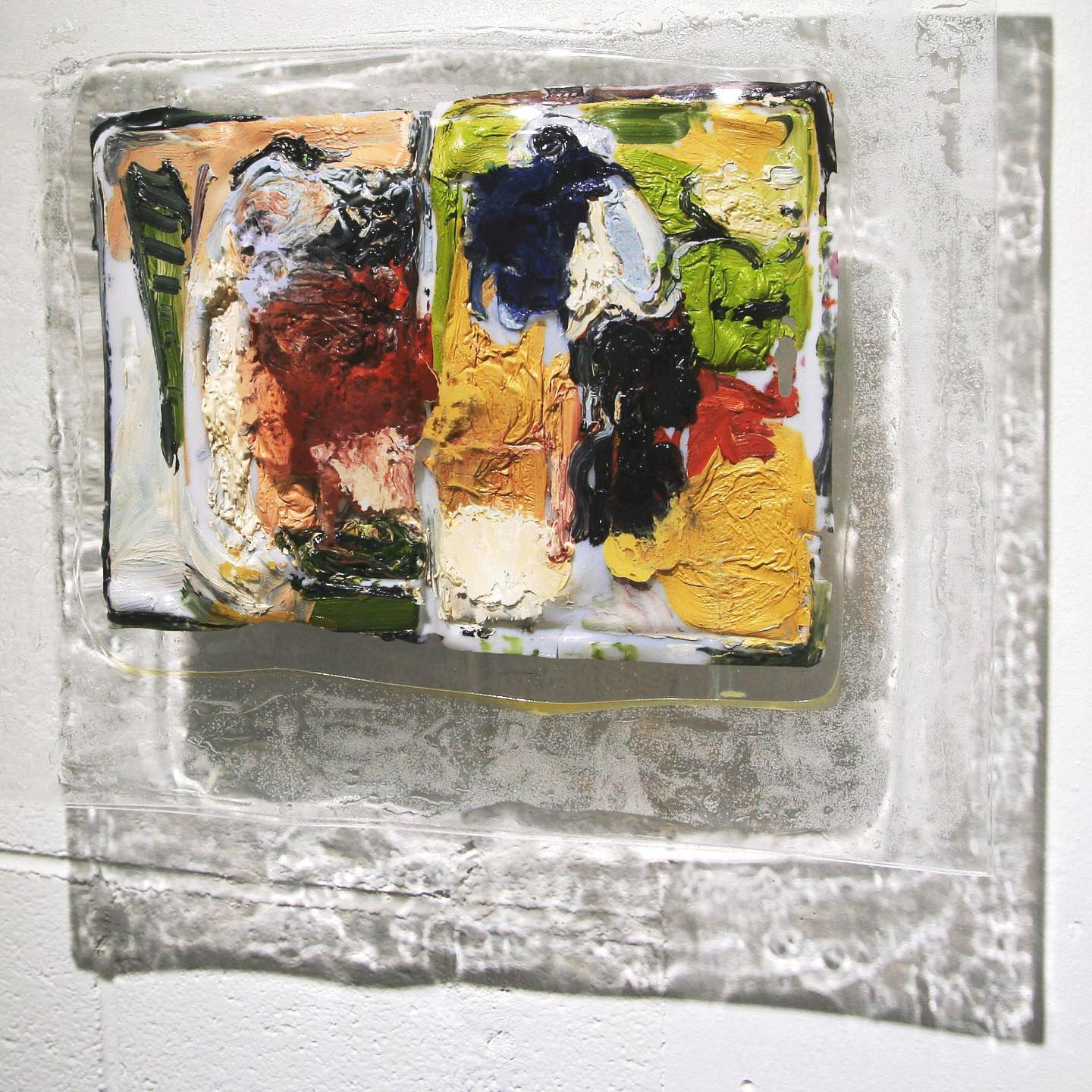 Reliquary III, 2018, 20 x 16 x 3.5 in, oil paint, commercial packaging, melted acrylic