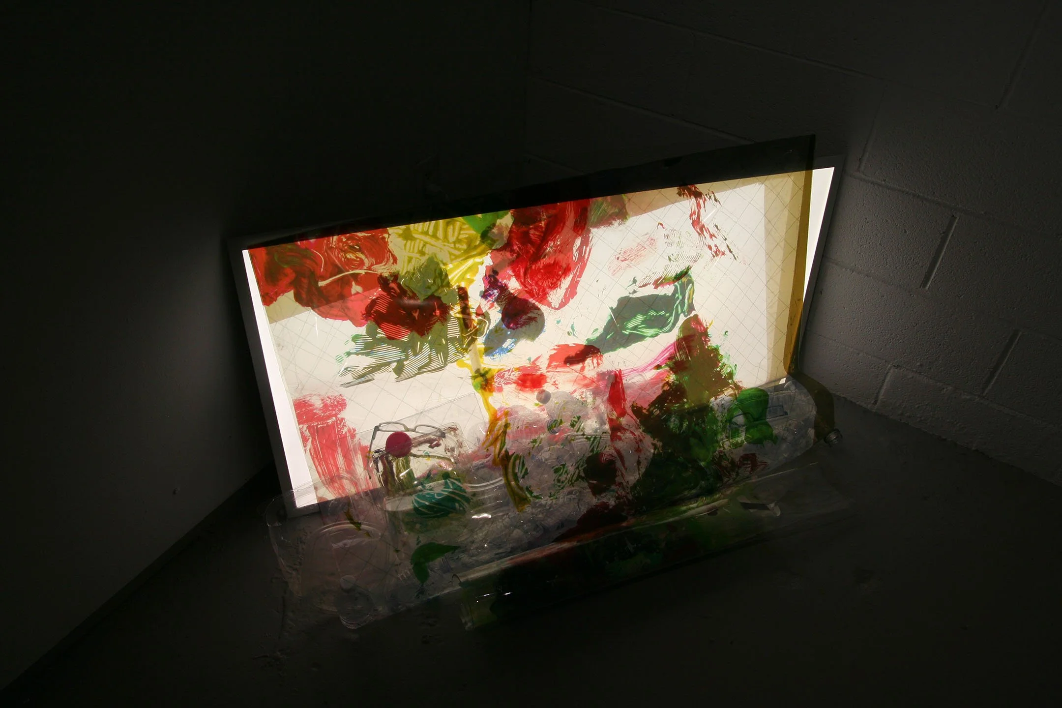 Reliquary IV, 2018, 12 x 12 x 3.5 in, oil paint, plastic bottles, melted acrylic