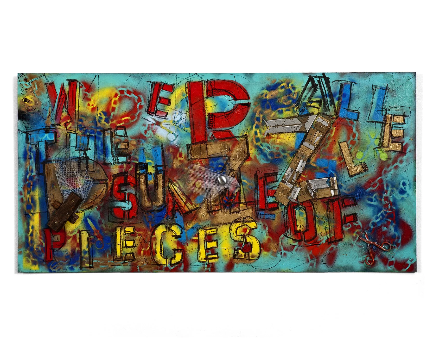 We are all pieces of the same puzzle, 2010. Spray paint, ink, straight edges, x-acto blades, 48 x 24 in