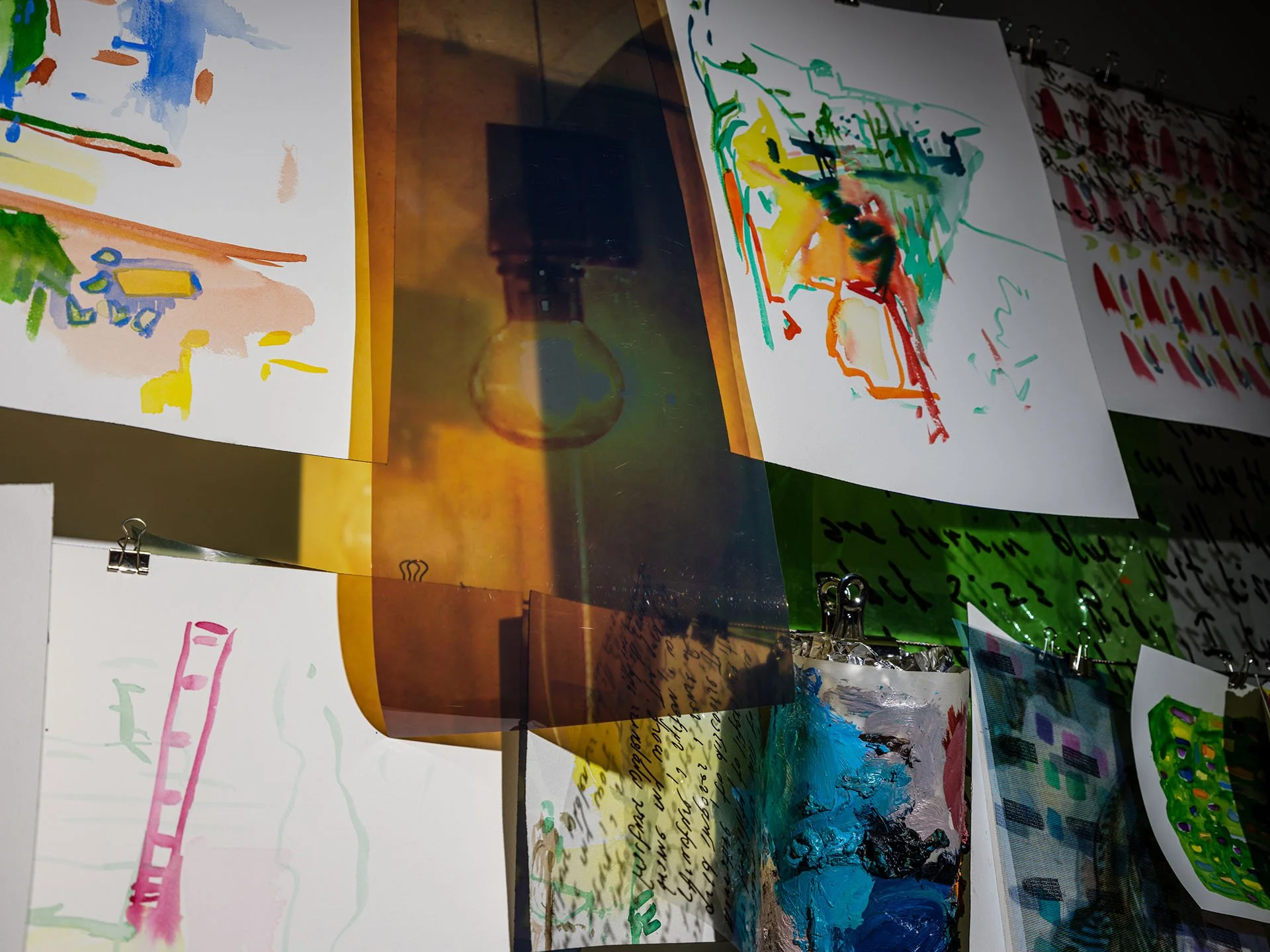 Frottages & Fictions (detail), 2020-2022, watercolor, oil, ink, paper, acetate, and aluminum, dimensions variable