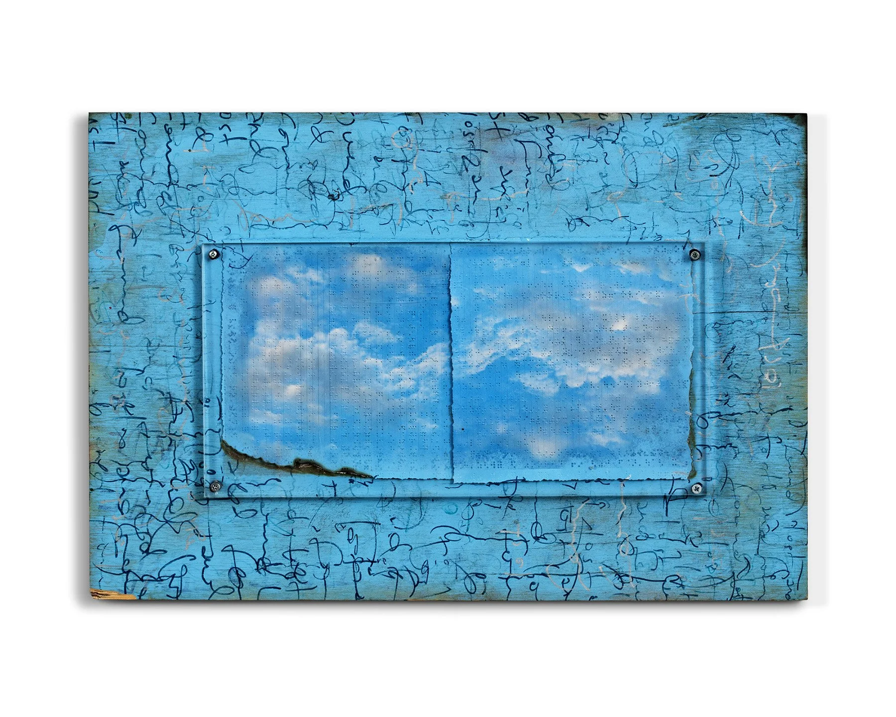Through the Looking Glass, 2010. Spray paint, braille, plexiglass, 26 x 17.5 in