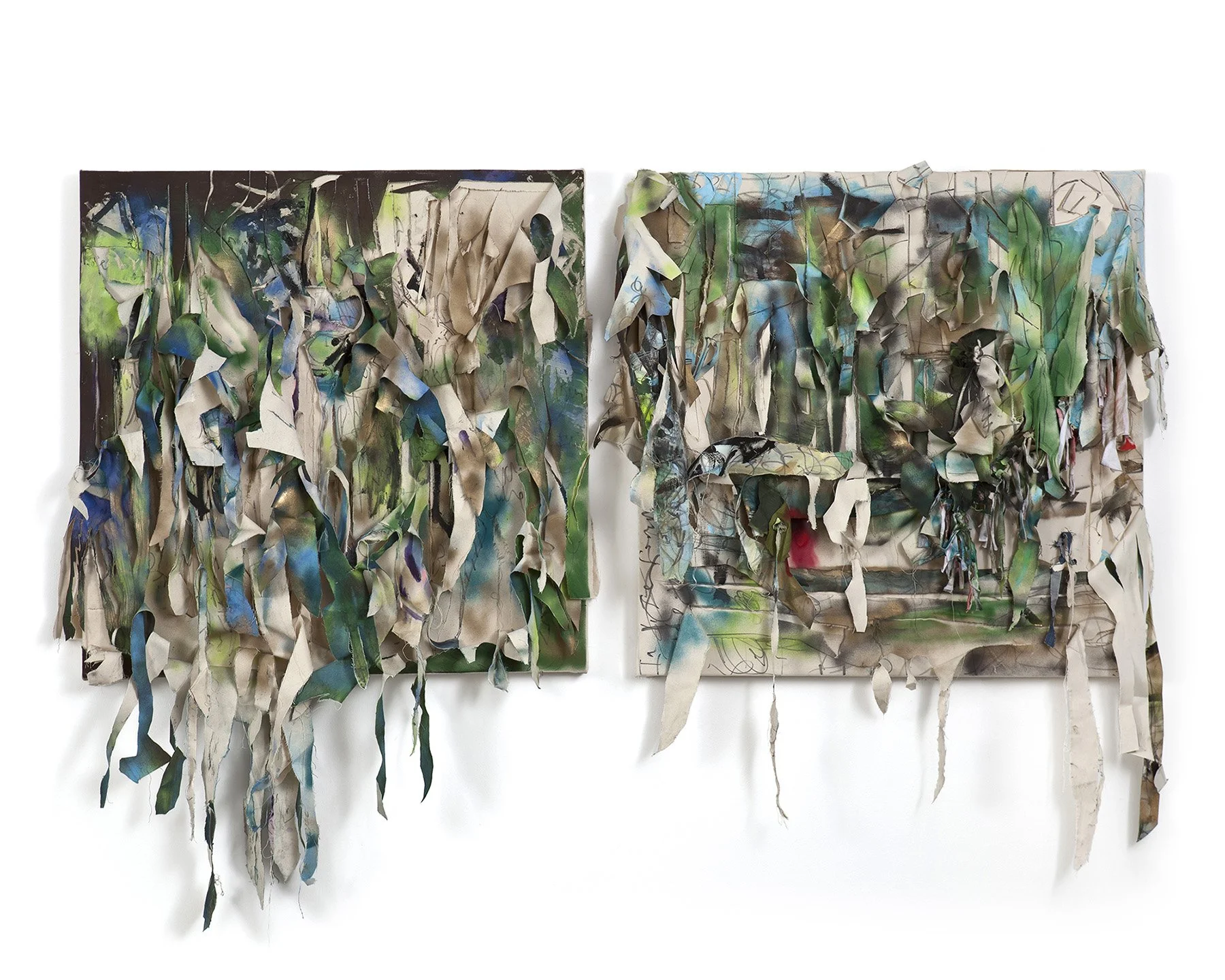 Ripped, 2011. Spray paint and oil on canvas, 41.5 x 41.5 and 41.5 x 41.5 in