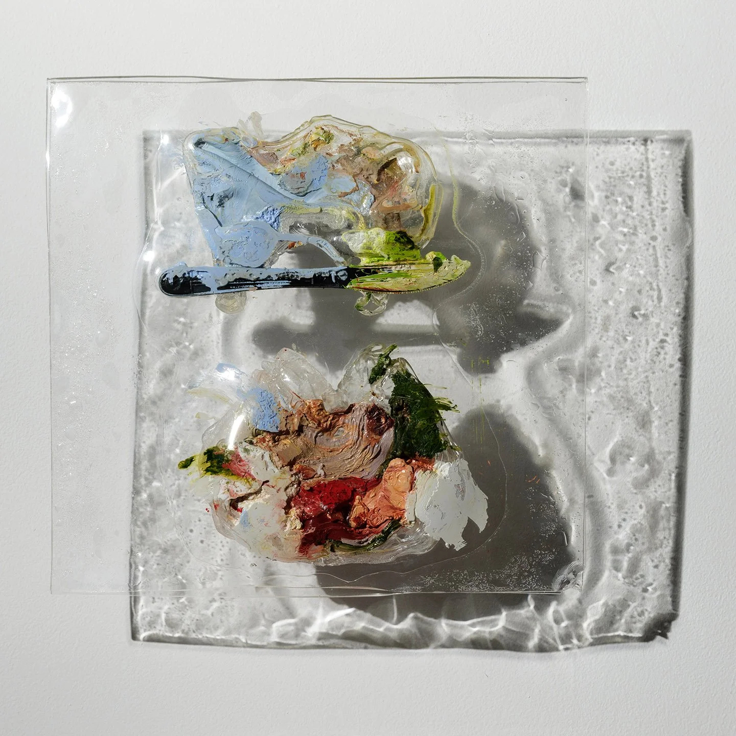Reliquary, 2018, 12 x 12 x 3.5 in, oil paint, plastic knife, melted acrylic