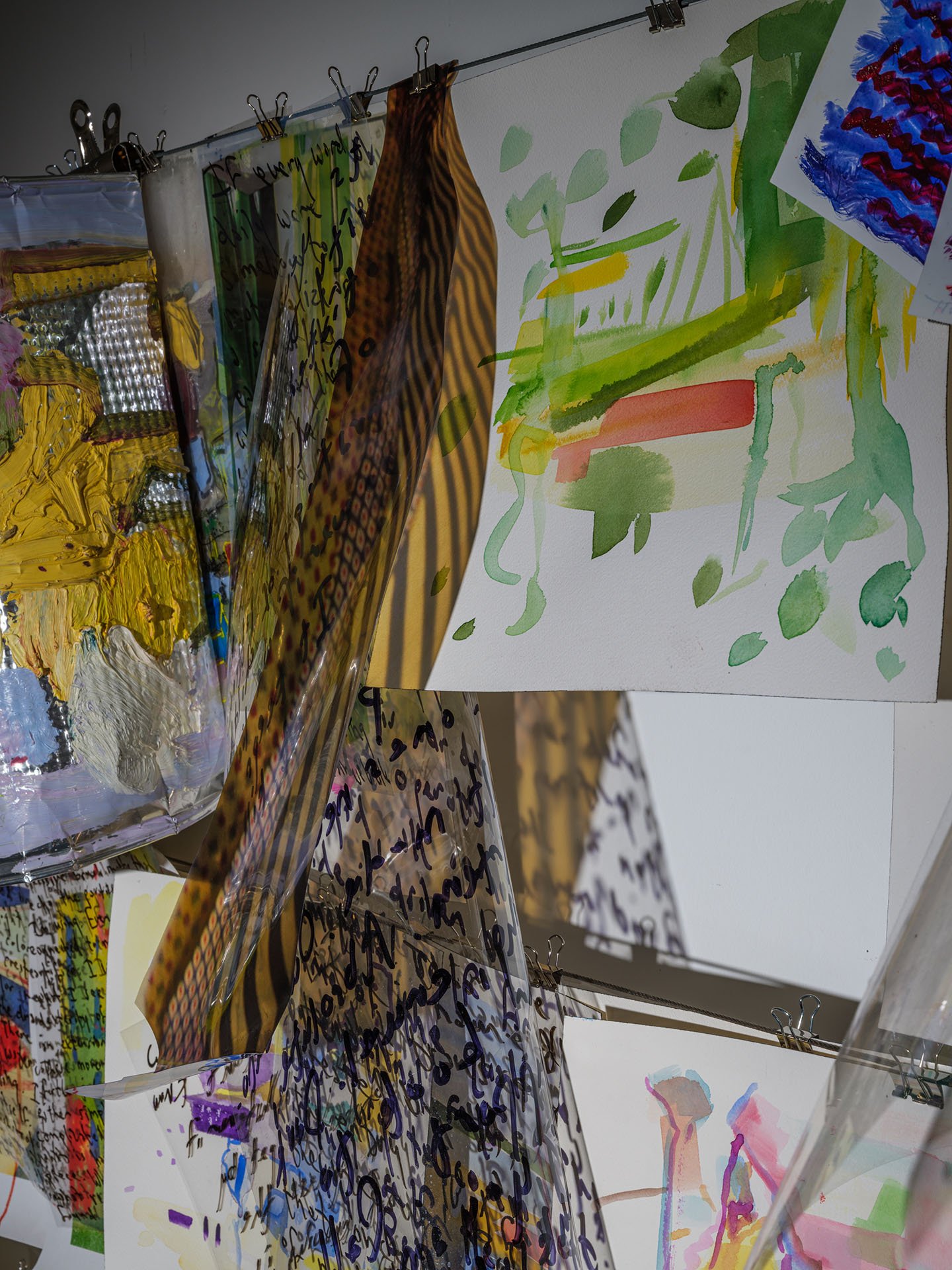 Frottages & Fictions (detail), 2020-2022, watercolor, oil, ink, paper, acetate, and aluminum, dimensions variable