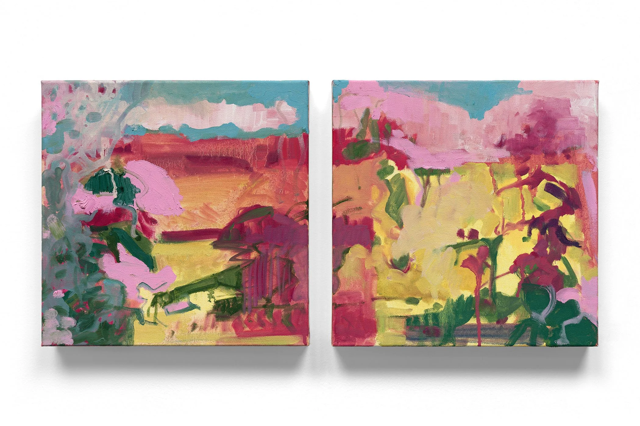 Before and After, diptych, 2023, oil on board, 12 x 12 in each