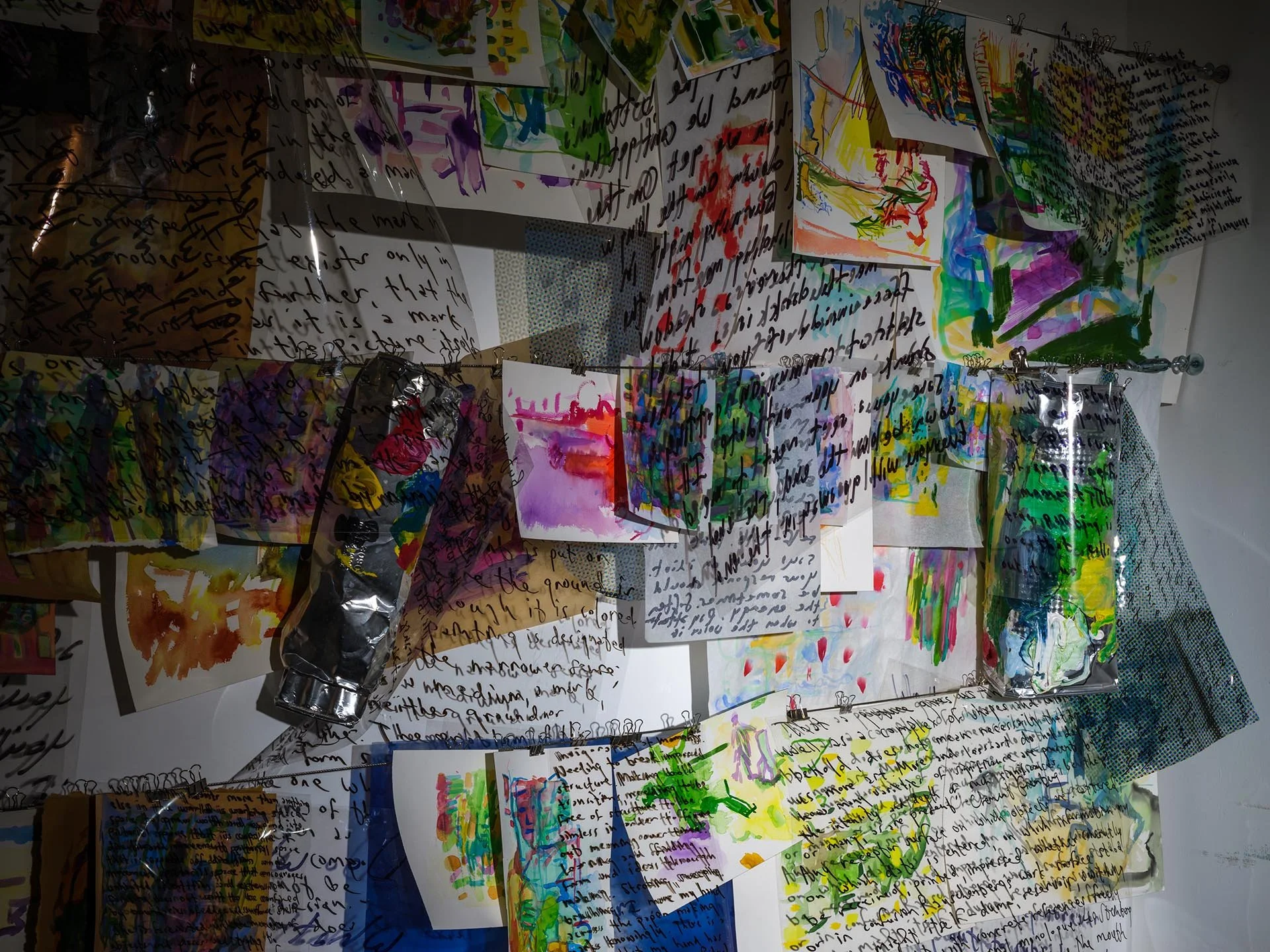 Frottages & Fictions (detail), 2020-2022, watercolor, oil, ink, paper, acetate, and aluminum, dimensions variable