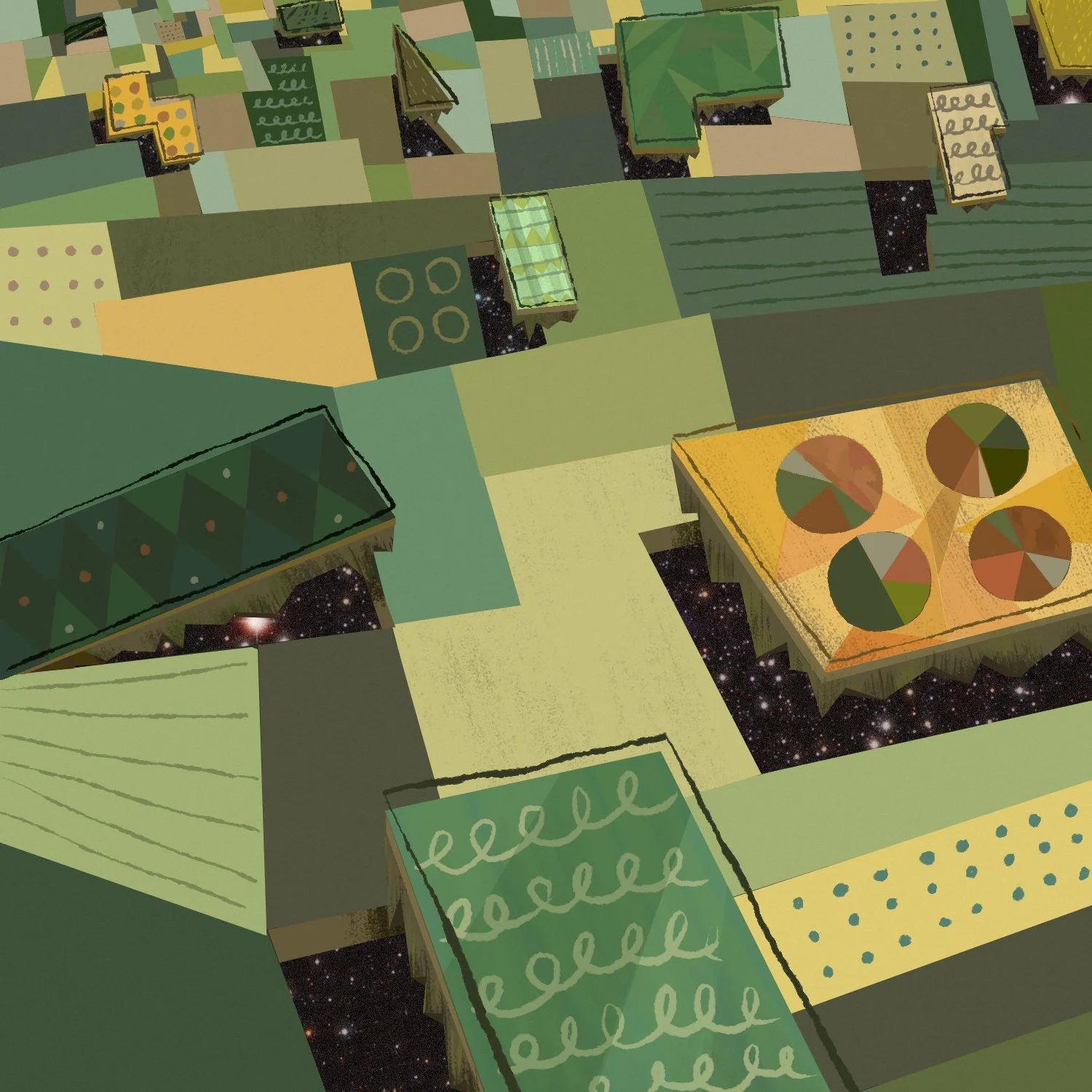 An artistic rendering of a cityscape with buildings floating in space, featuring various geometric shapes and patterns on rooftops, against a starry backdrop.