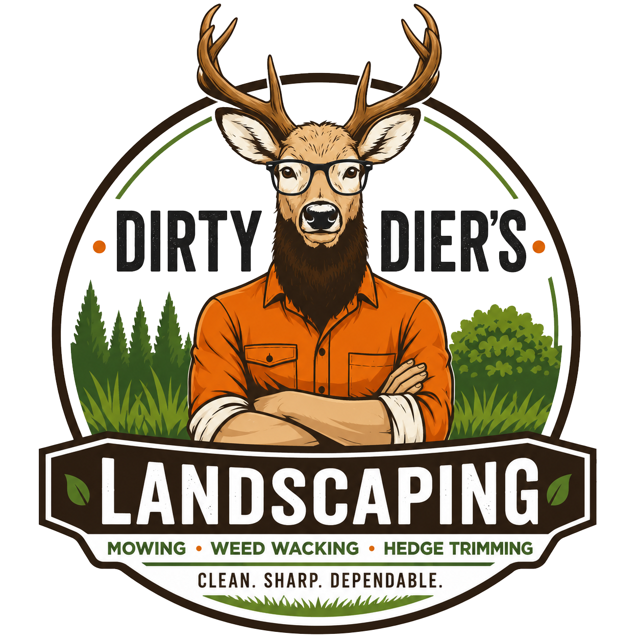 Logo for Dirty Dier's Landscaping featuring an anthropomorphic deer with glasses and a beard, wearing an orange shirt, with trees and shrubs in the background. Text includes services like mowing, weed wacking, hedge trimming, and the tagline 'Clean. Sharp. Dependable.'