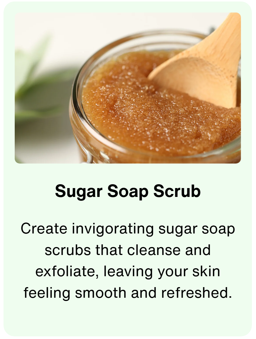 Jar of sugar scrub with wooden spoon for a handmade sugar soap scrub workshop at Gab & Gather in St. James, NY. Guests create a skin-loving scrub with custom fragrance options for a fun bath and body class.