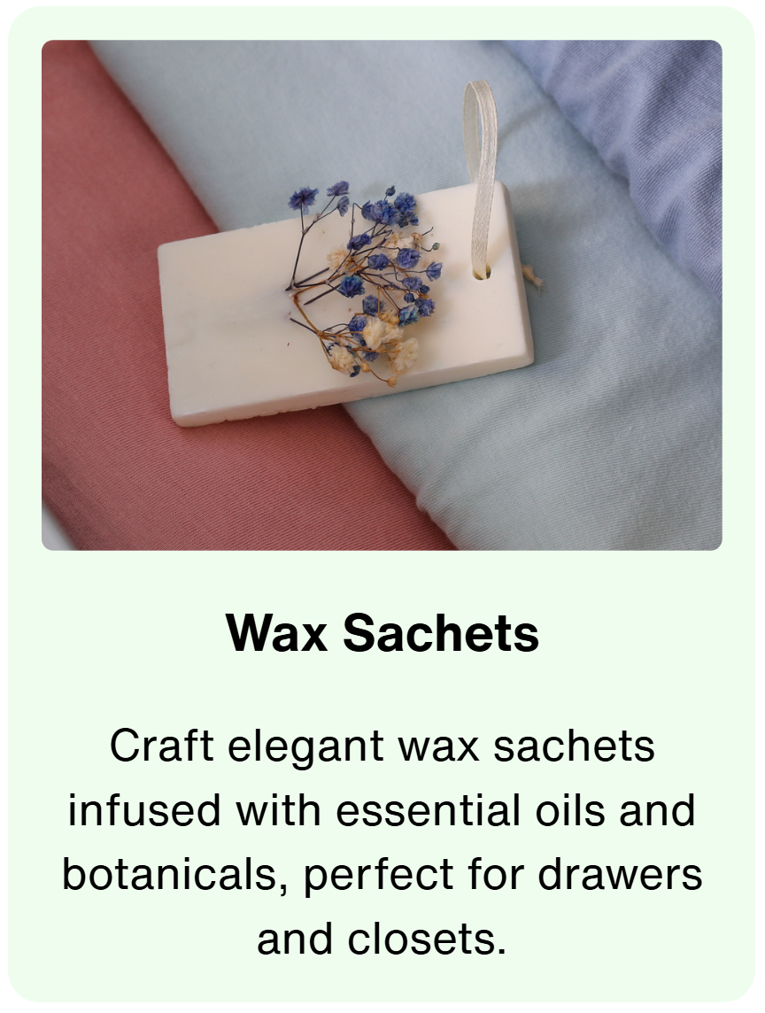 Wax Sachets Handmade wax sachets with dried botanicals and ribbon for a creative Gab & Gather workshop in St. James, NY. Guests make scented wax sachets for drawers, closets, linens, home décor, and gifting.