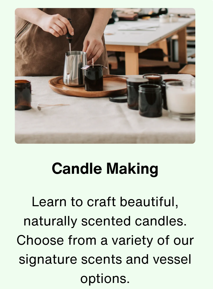 Person pouring wax into candle jars during a candle making workshop at Gab & Gather in St. James, NY. Guests create custom-scented candles with signature scents and vessel options for a cozy hands-on class.
