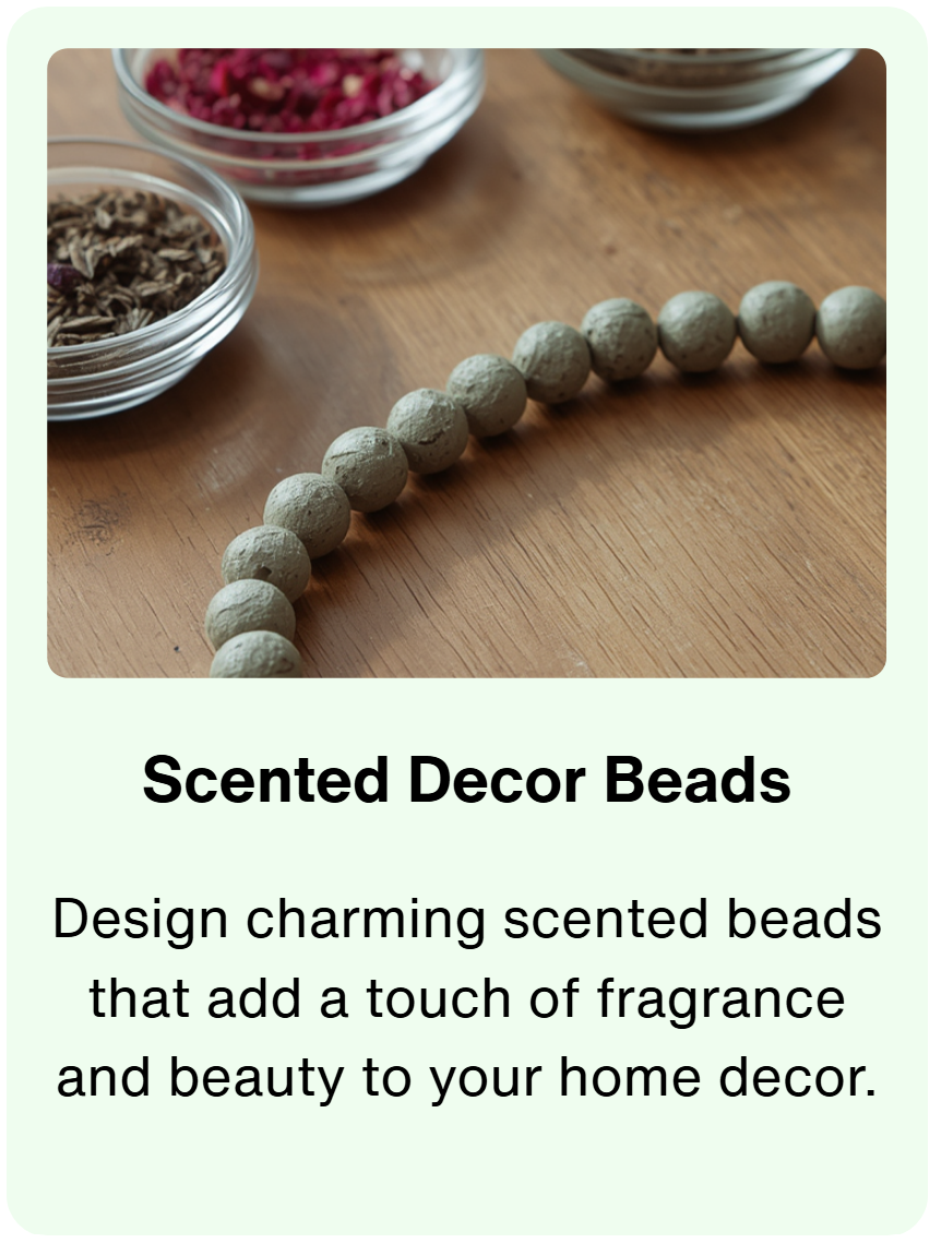 Natural scented clay décor beads with dried botanicals for a Gab & Gather workshop in St. James, NY. Guests create fragrant handmade beads for styling trays, shelves, bowls, nightstands, and home décor.