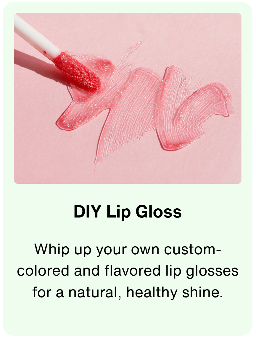 Pink lip gloss swatch for a natural DIY lip gloss workshop at Gab & Gather in St. James, NY. Guests make tinted lip gloss with beneficial ingredients like hibiscus and beetroot for a fun clean beauty experience.