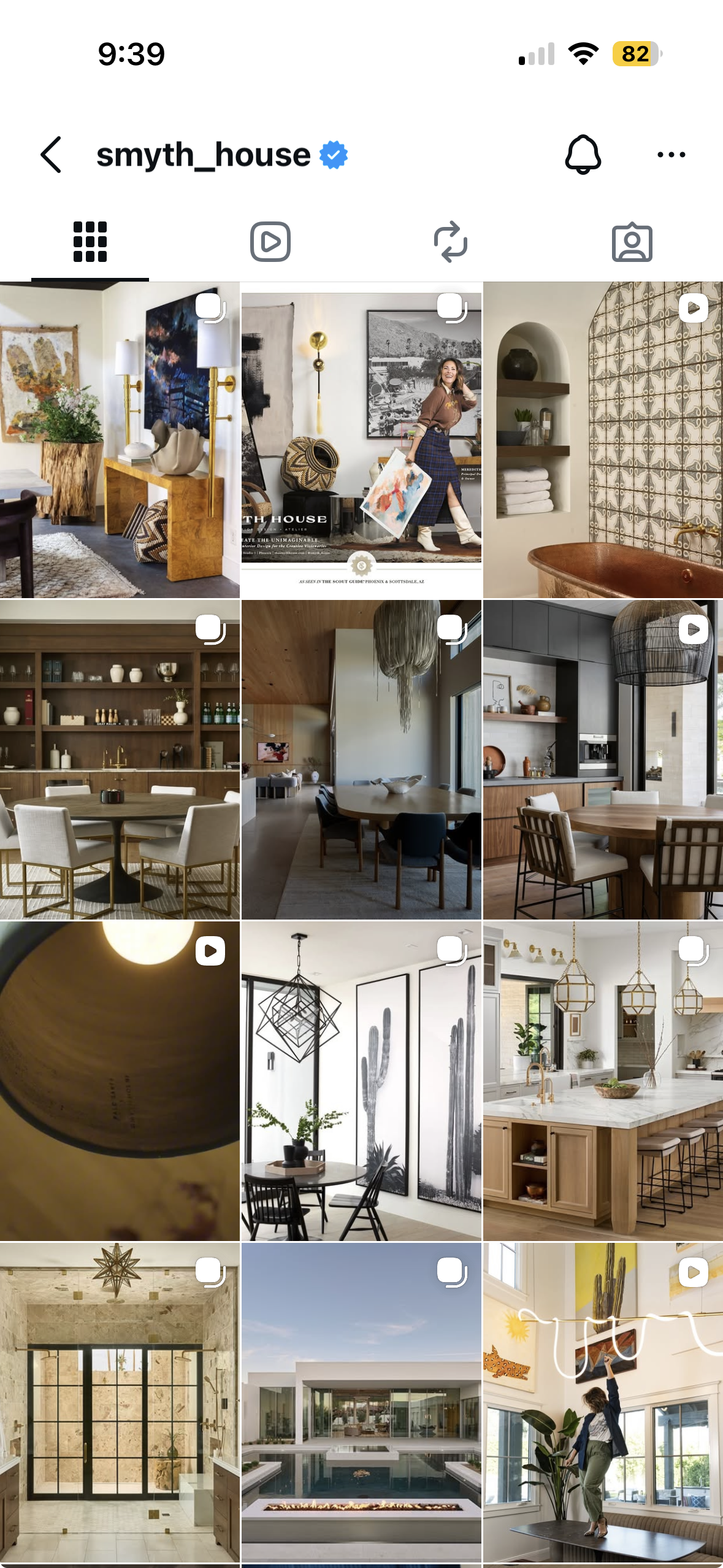 Social media grid for luxury interior design client, Smyth House interior design, currated by Brianna. A collage of interior and exterior home design images, including artwork, furniture, kitchens, dining areas, bathrooms, living spaces, and a pool.