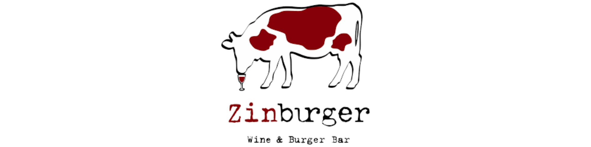 Logo for Zinburger Wine & Burger Bar featuring a cow with a glass of wine near its mouth.
