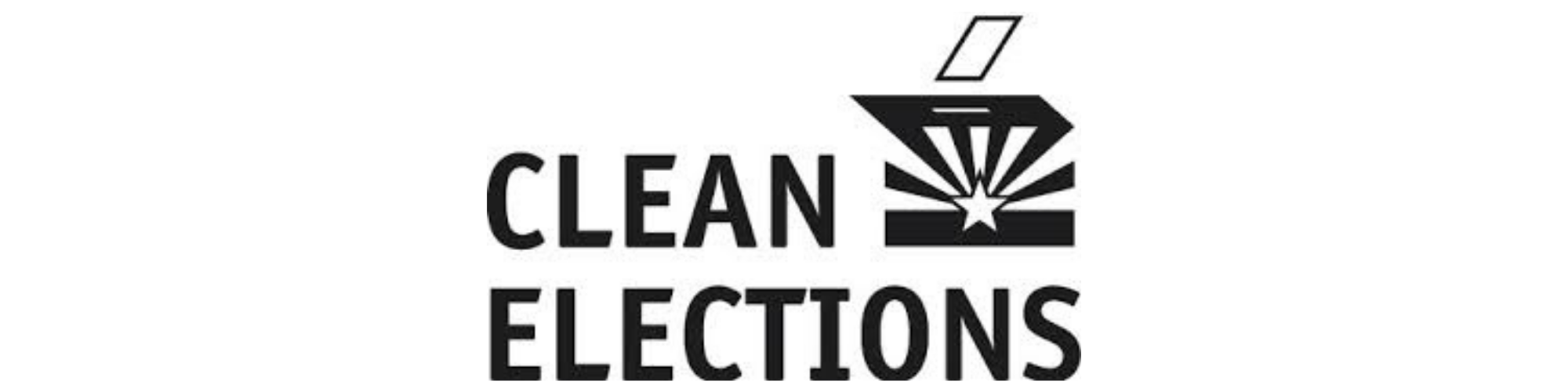 Black and white poster with the text "CLEAN ELECTIONS" above and below an illustration of a ballot being inserted into a box, with a star and rays emitting from the box.