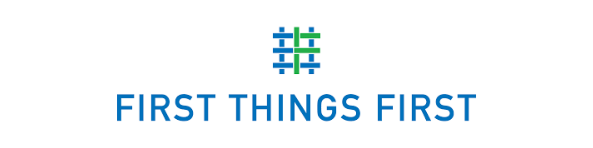 The logo features a stylized location pin made of blue and green lines above the text "First Things First" in blue capital letters.