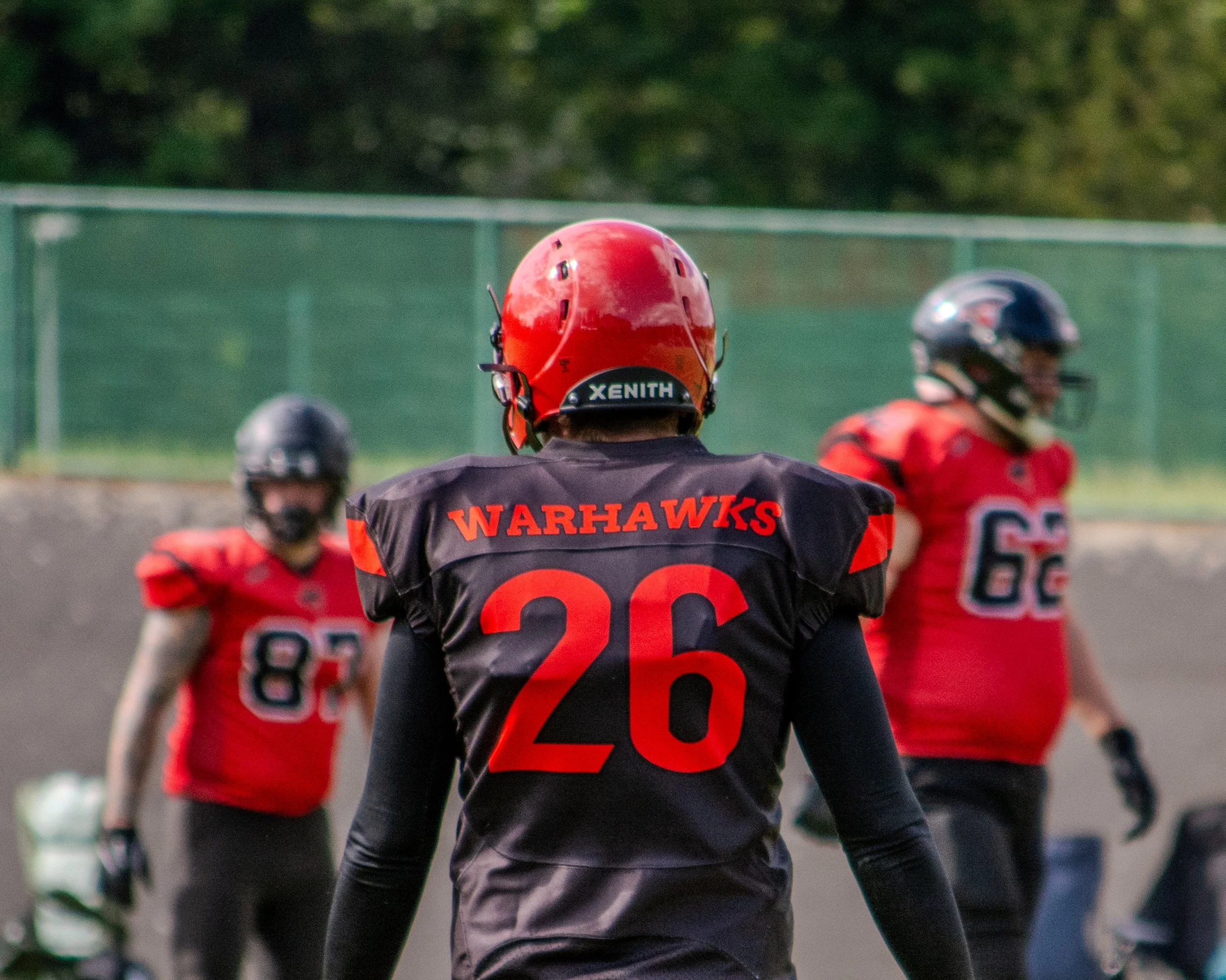 American football players in uniforms and helmets on the field during a game with a green fence and trees in the background.