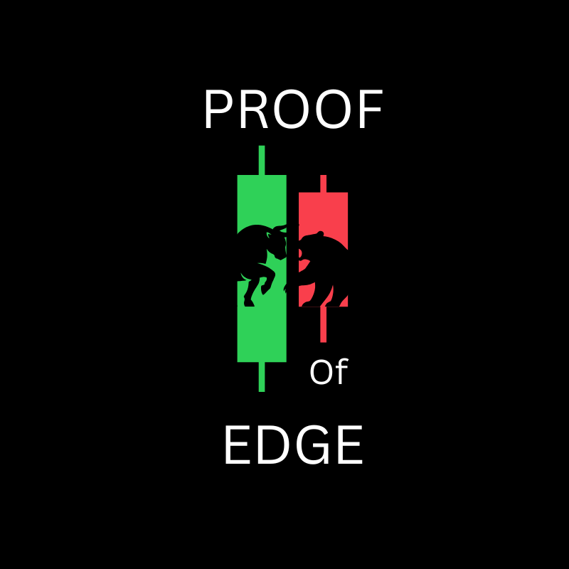 A black background with the words 'Proof of Edge' in white text and a graphic of two vertical candlesticks, one green and one red, with silhouettes of bears and bulls fighting inside each candlestick.