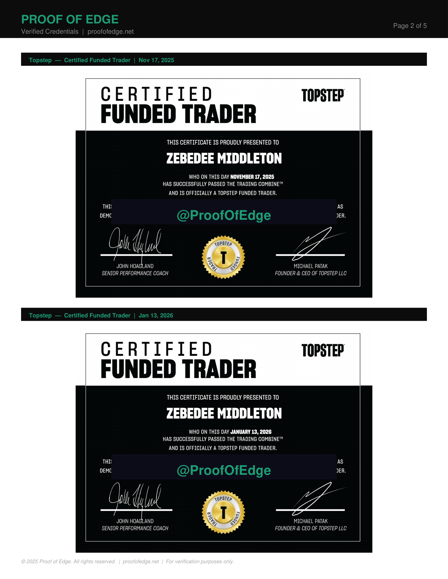 A certificate from Proof of Edge titled 'Certified Funded Trader' awarded to Zebedee Middleton on November 17, 2025, signed by John Hoagland and Michael Patak, featuring signatures, a gold seal, and graphic design elements.