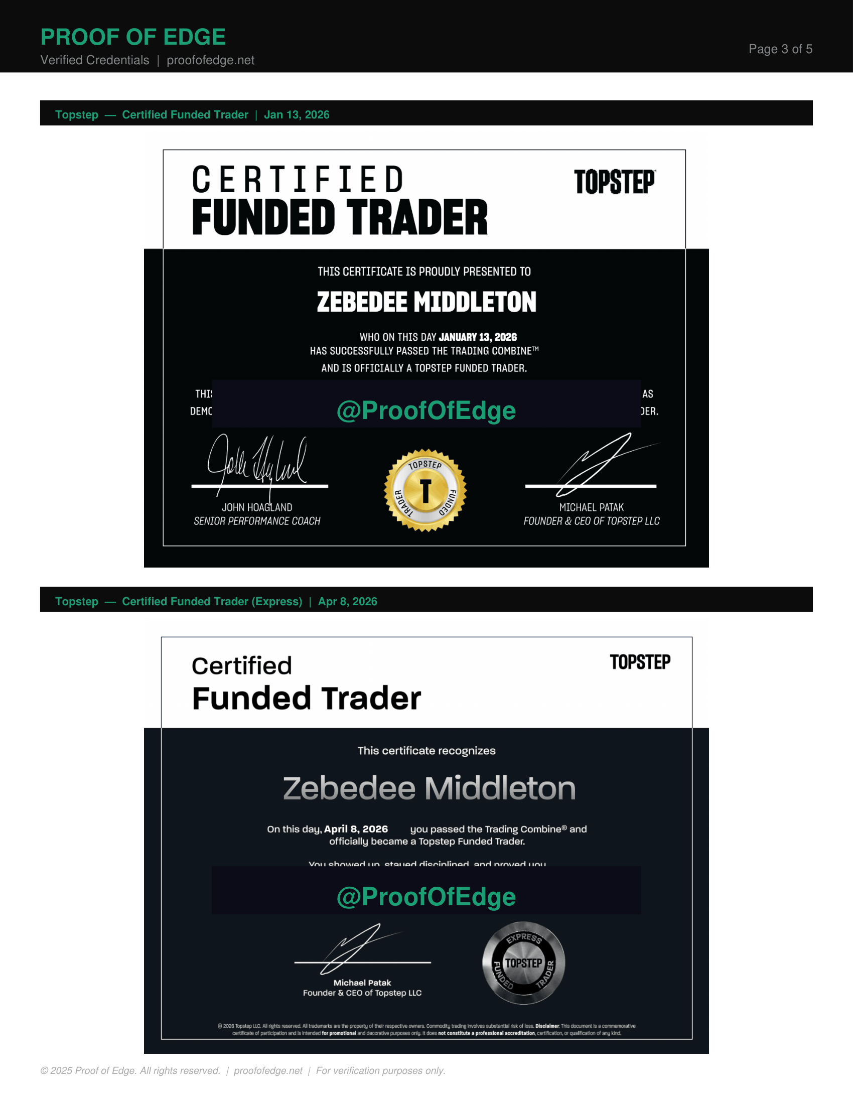 A certification document from Proof of Edge for Zebedee Middleton, recognizing him as a Topstep Funded Trader, dated April 8, 2026, with signatures and official seals.