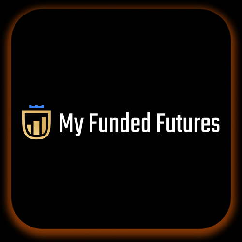 A logo with a shield and a blue building inside, alongside the text "My Funded Futures" on a black background with orange edges.