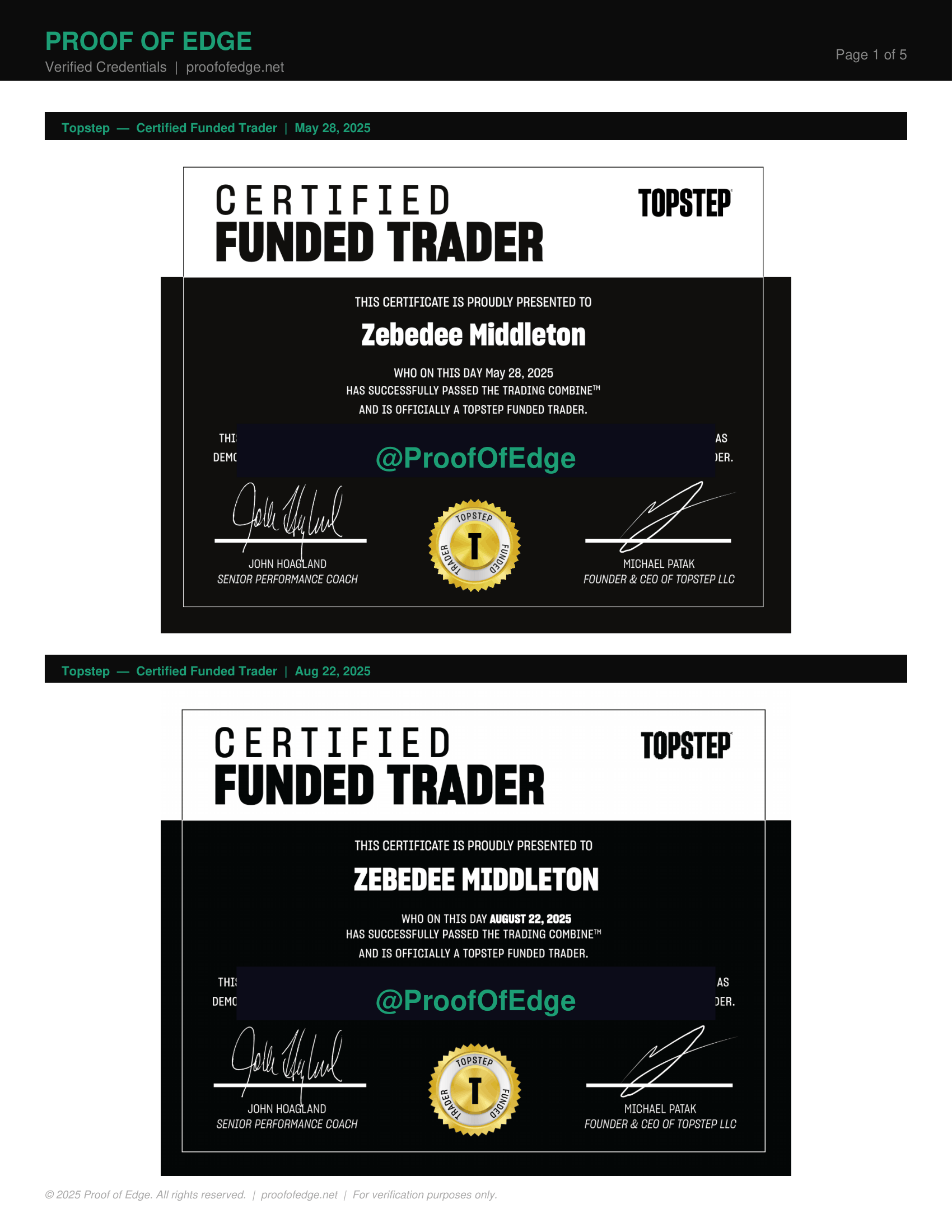 Certificate of achievement awarded to Zebedee Middleton for passing the trading combine on May 28, 2025, issued by Proof of Edge, signed by John Hoagland and Michael Patak, with certification seals and official signatures.