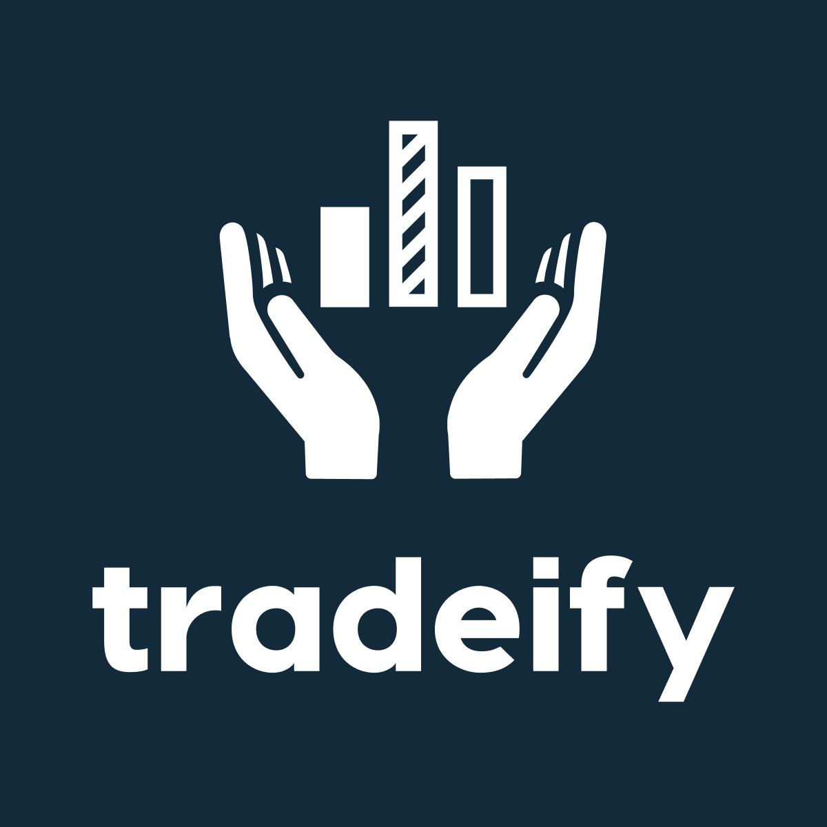 Icon of two hands holding a bar graph with three bars of varying heights. Below, the word "tradeify" is written in lowercase letters.
