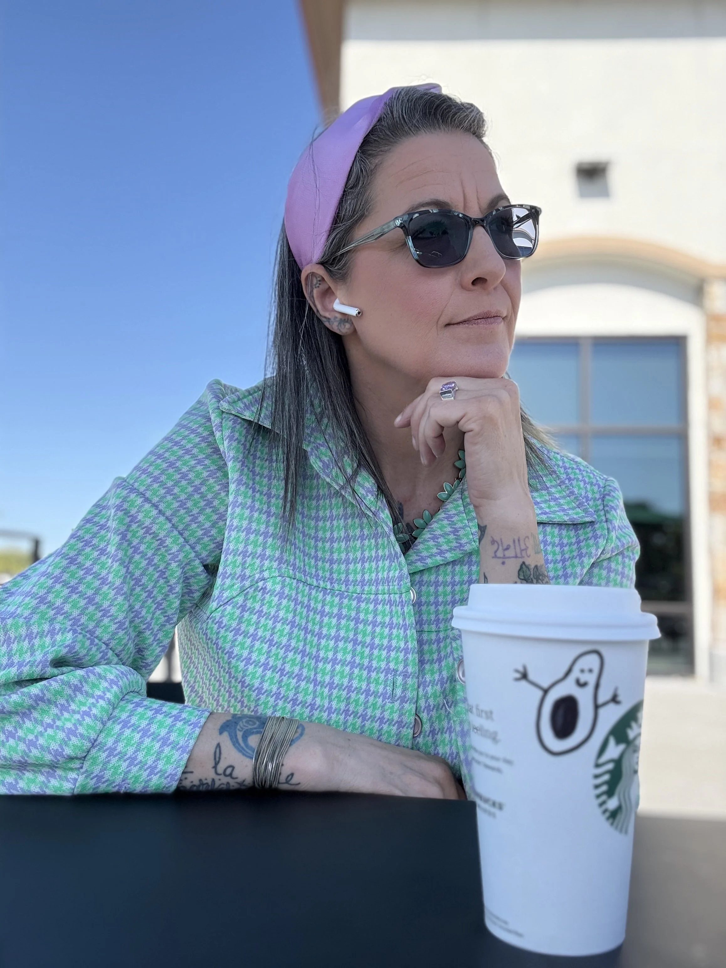 Violet relaxing outside with a cup of coffee. Creating a warm accepting space for companionship and relaxation. Located in Cotati, California
