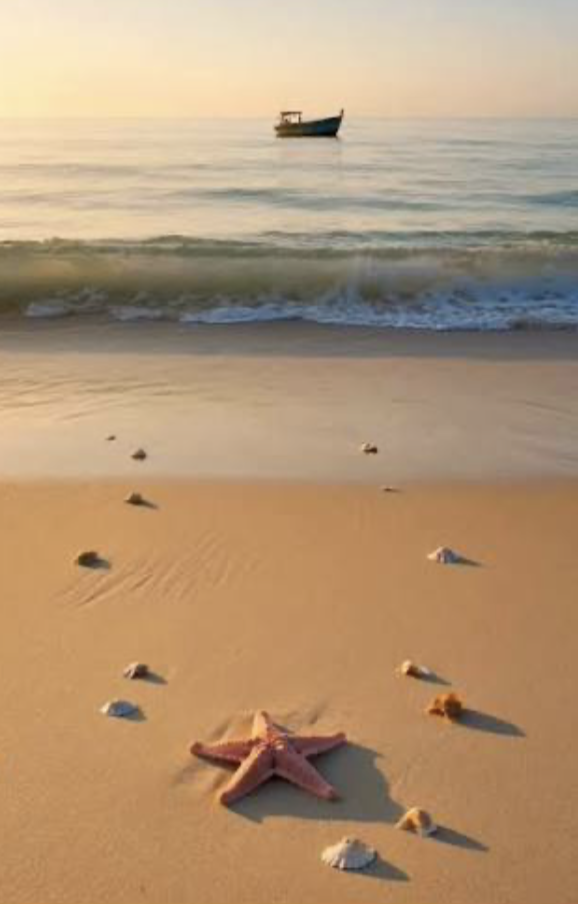 Peaceful shoreline with gentle waves and a small boat at sunrise, representing relaxation, comfort, and the welcoming atmosphere of Violet's Harbor.