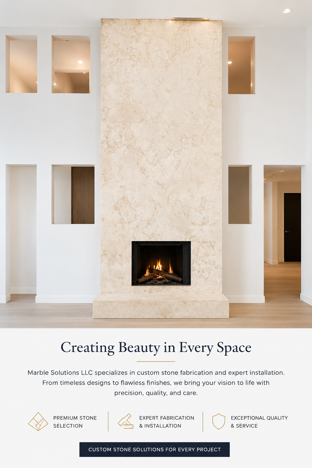 Modern interior with a fireplace on a beige stone wall, surrounded by white walls with square and rectangular cutouts, hardwood flooring, and subtle lighting.