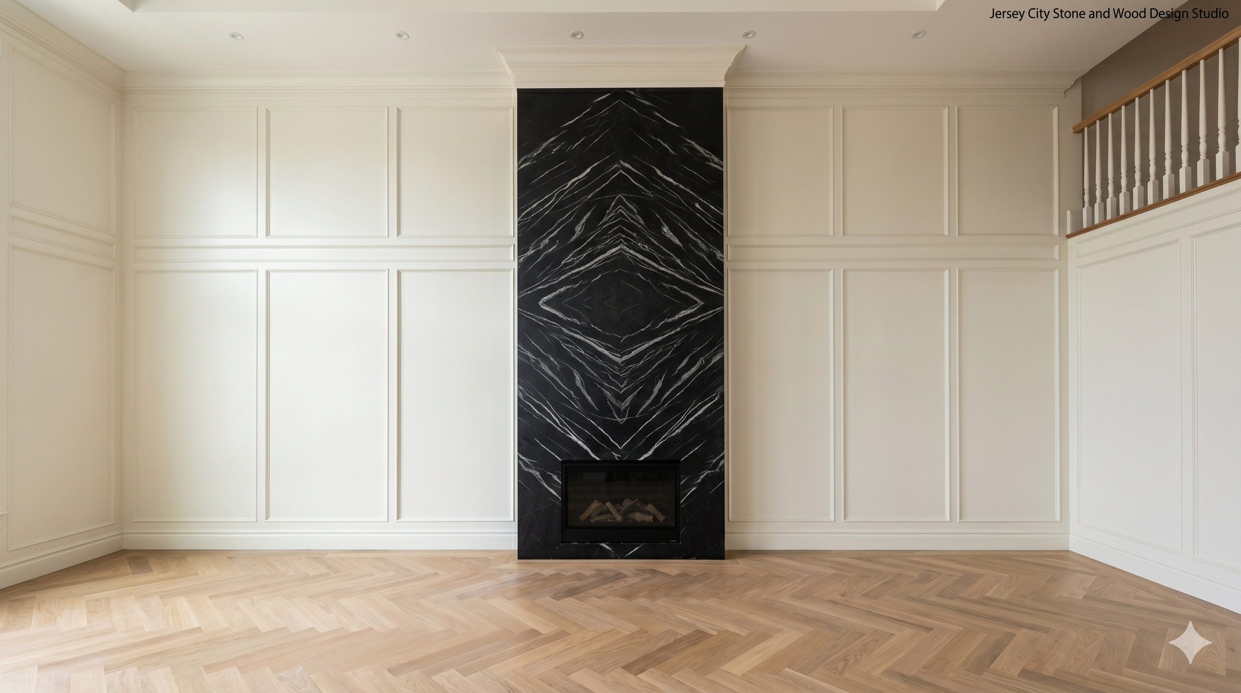 Interior of a room with white paneled walls, a herringbone wood floor, and a black marble fireplace with white veining.
