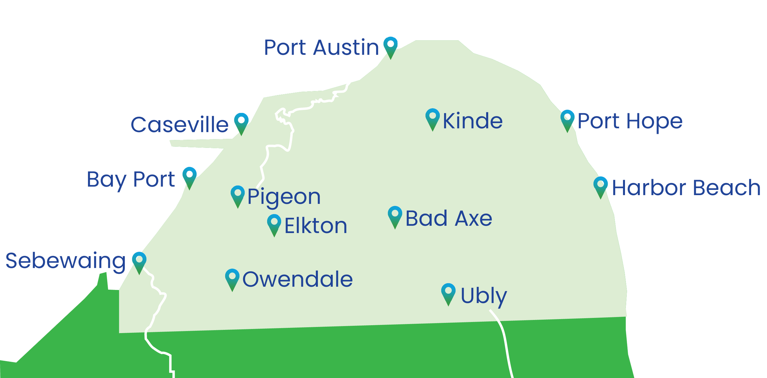 Map of Huron County, Michigan communities