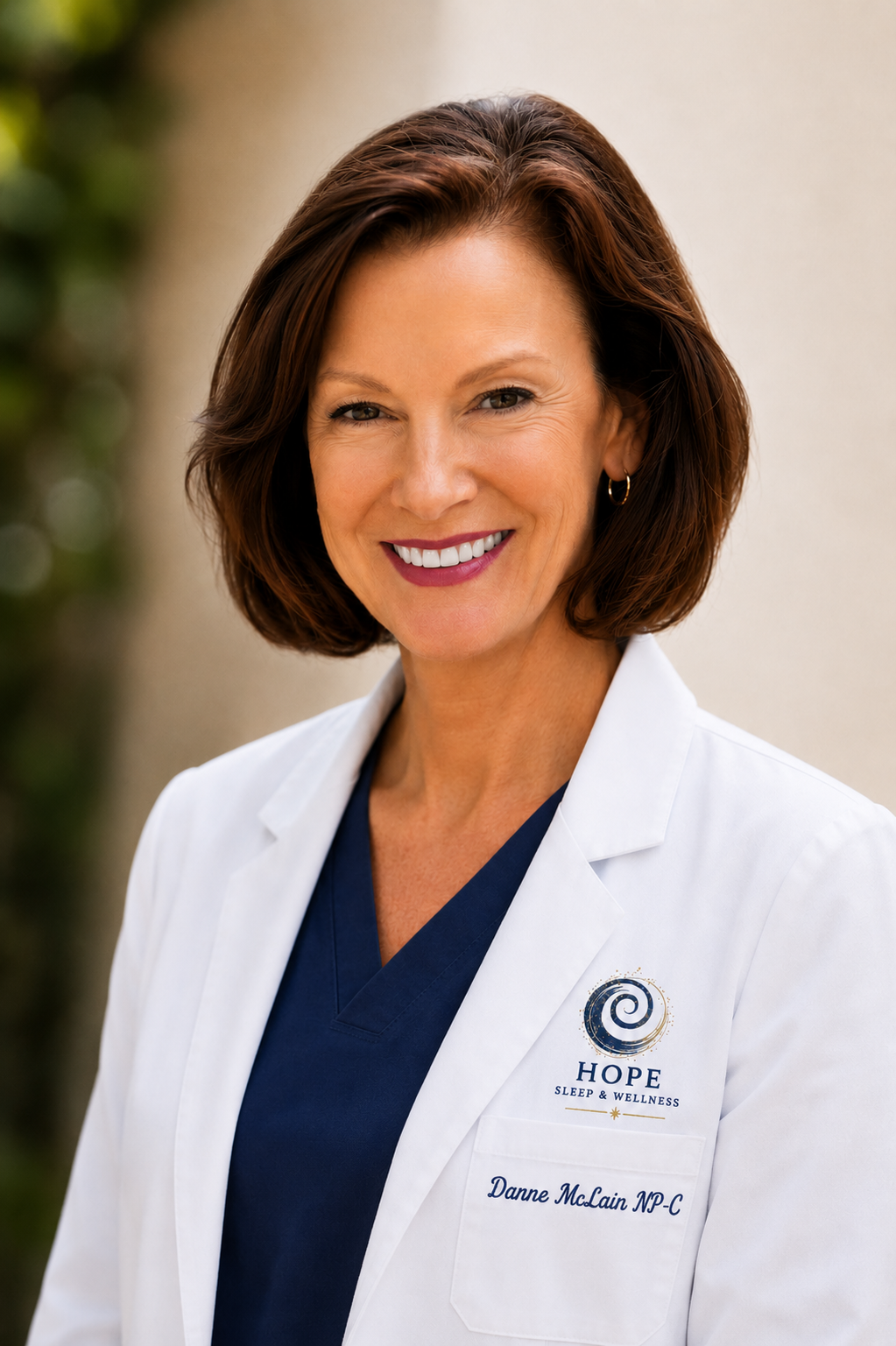 A professional woman with shoulder-length brown hair wearing a white medical coat with 'Hope Sleep & Wellness' logo and her name 'Danne McLain NP-C' embroidered on it. She is smiling and standing outdoors with a blurred background.