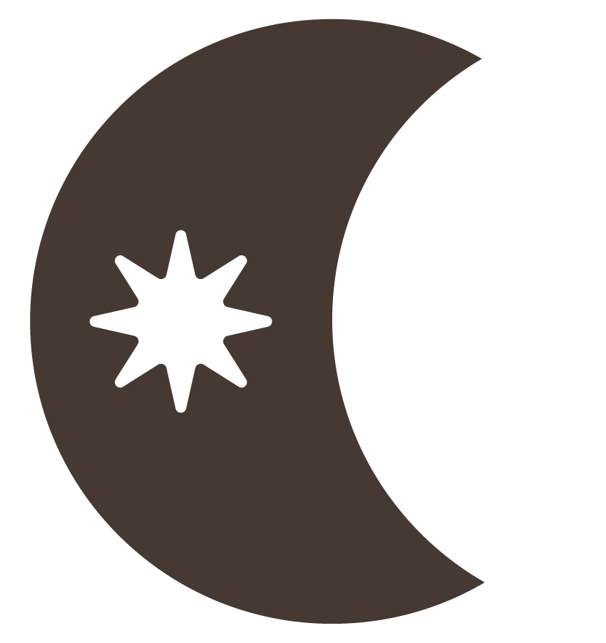 A dark brown crescent moon with a star icon inside it.