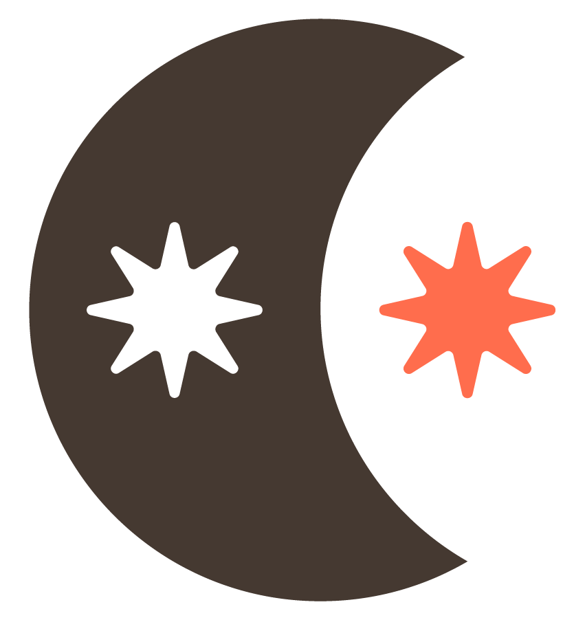 A stylised crescent moon with a star inside it, and reflected in the empty space an orange star.
