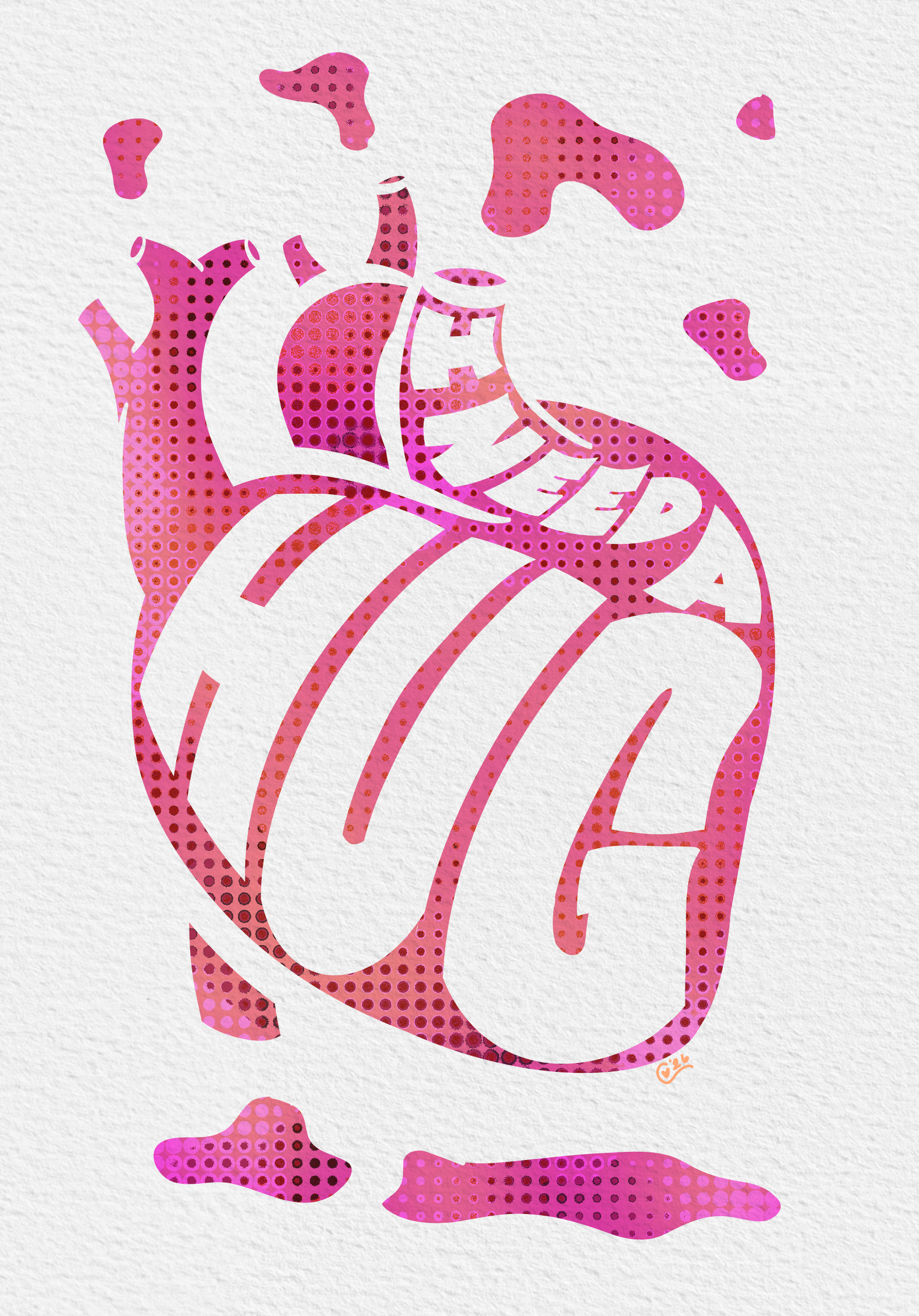 An abstract, pink and purple pop-art style illustration of a human heart with the word I need a hug" integrated into the design, featuring a textured white background.