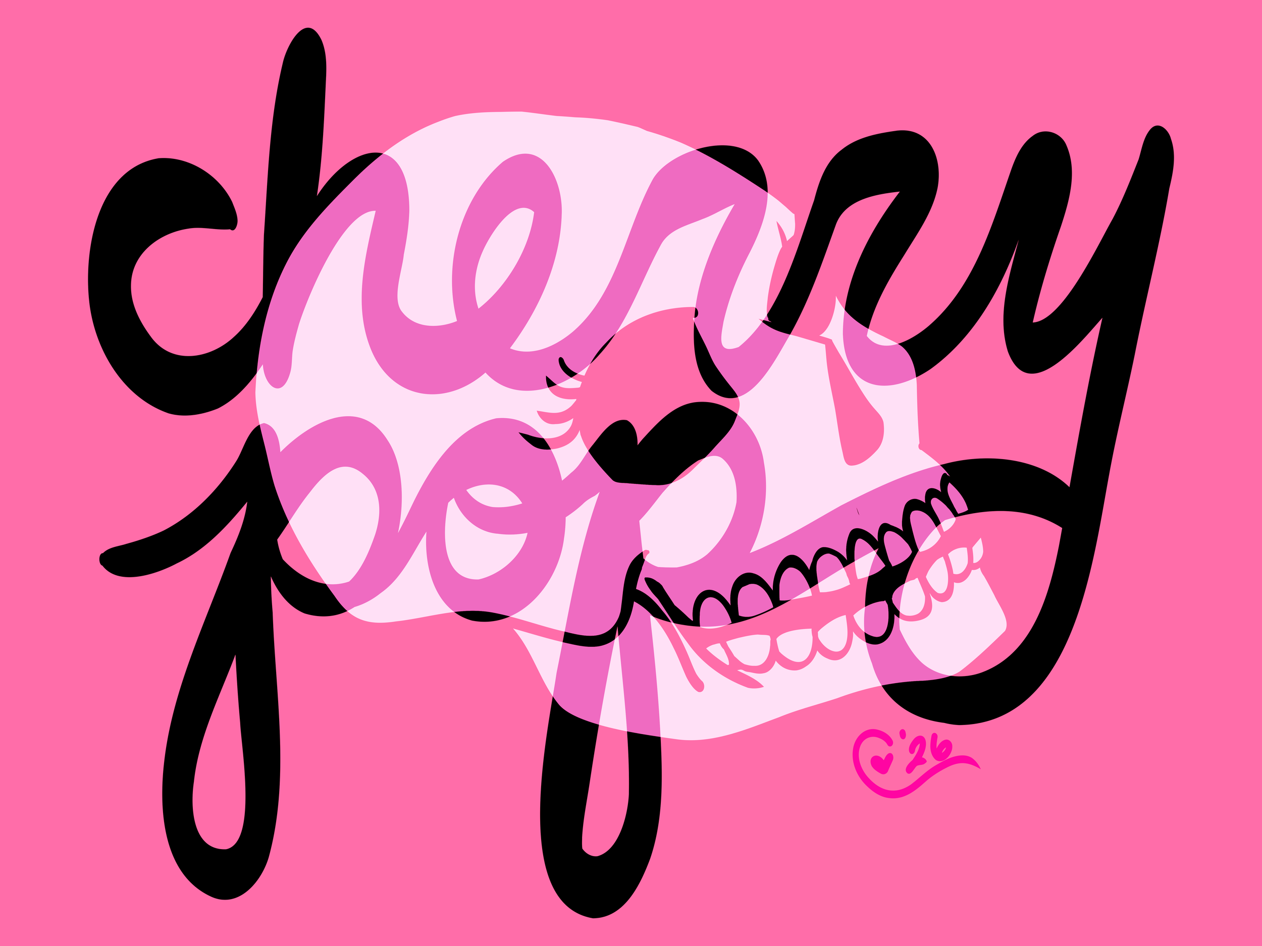 A pink background with black outline of a smiling skull holding a glass with the words "cheers" written across the top in black cursive text and small pink hearts with "G26" inside at the bottom.