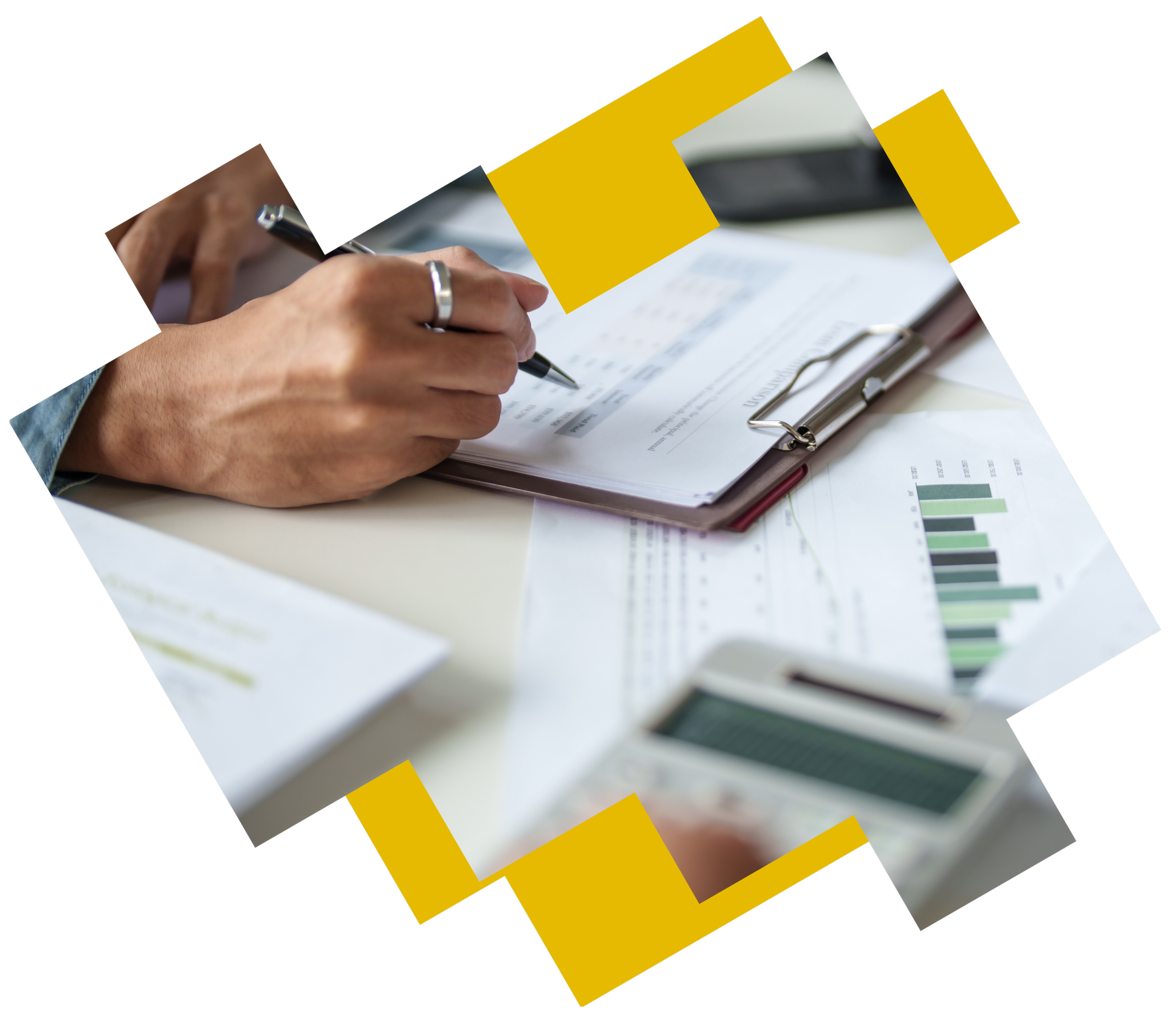 A graphic of a person writing on a series of printed reports.